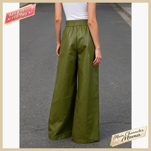 Faux Leather Wide Leg Pants High Waist Pleated Palazzo Trousers Chic Streetwear - Picture 3 of 7